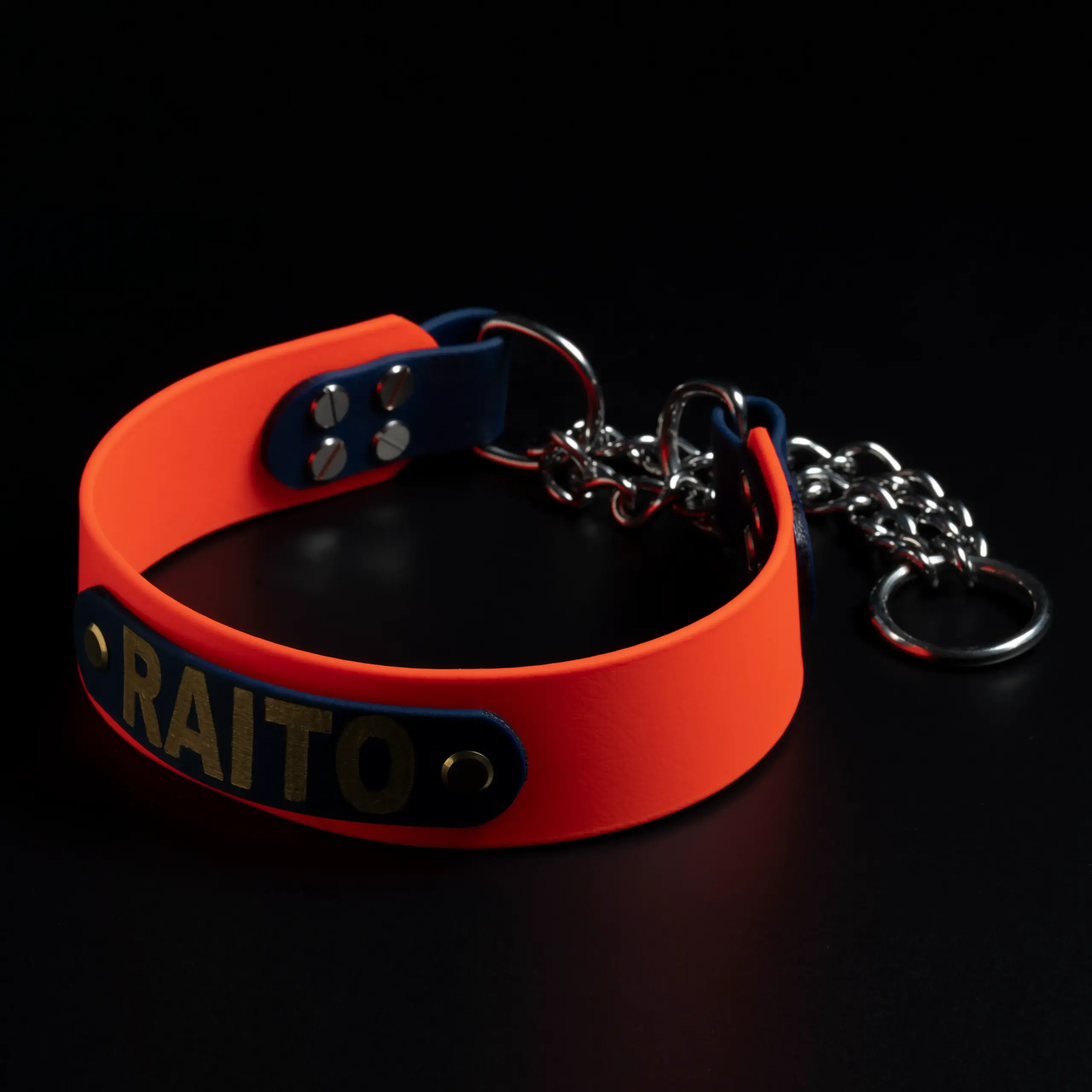 Biothane Collar – ORANGE × NAVY BLUE 首輪 犬用 大型犬 全犬種対応 オーダーメード 防水 壊れにくい 高級 オレンジ ネイビーブルー